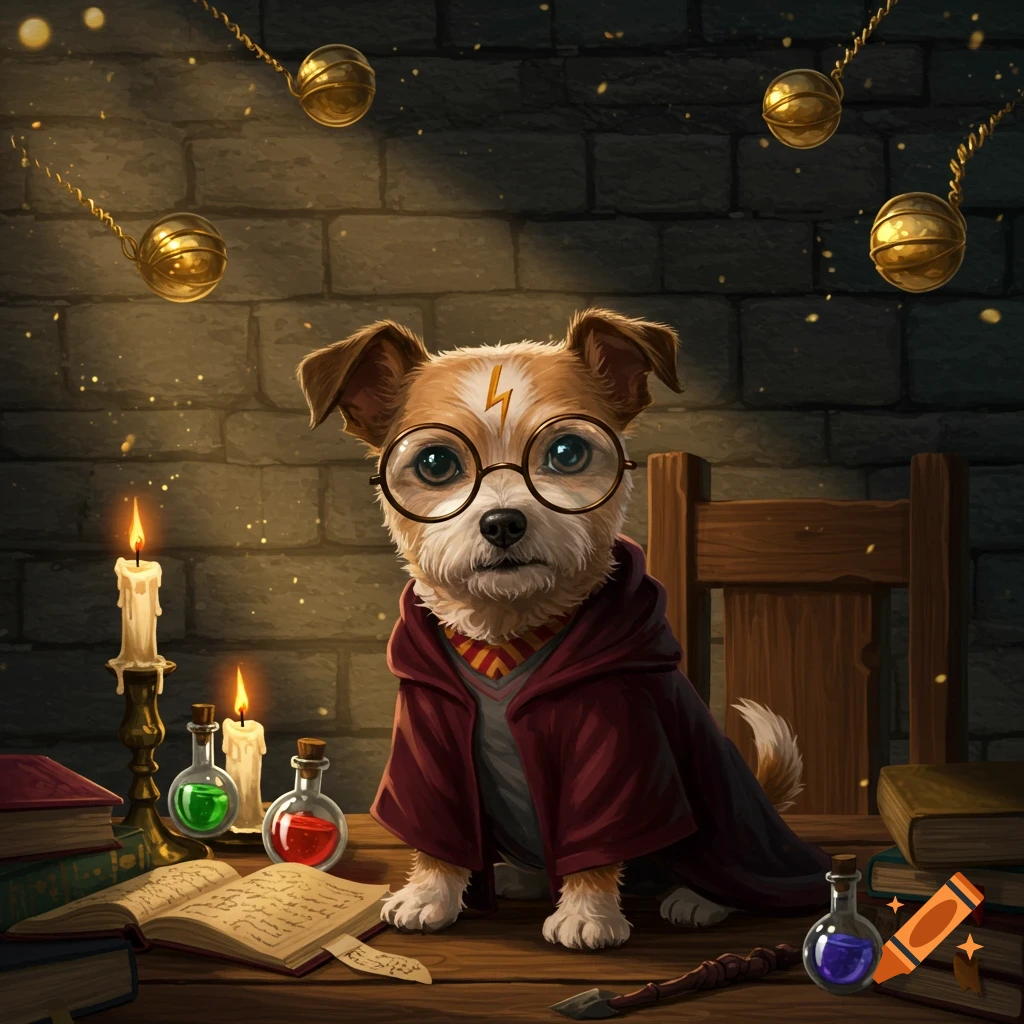 A cute Jack Russell terrier dressed as Harry Potter, wearing glasses and a Hogwarts robe, sits at a wooden desk with spell books, glowing potions, and candles.