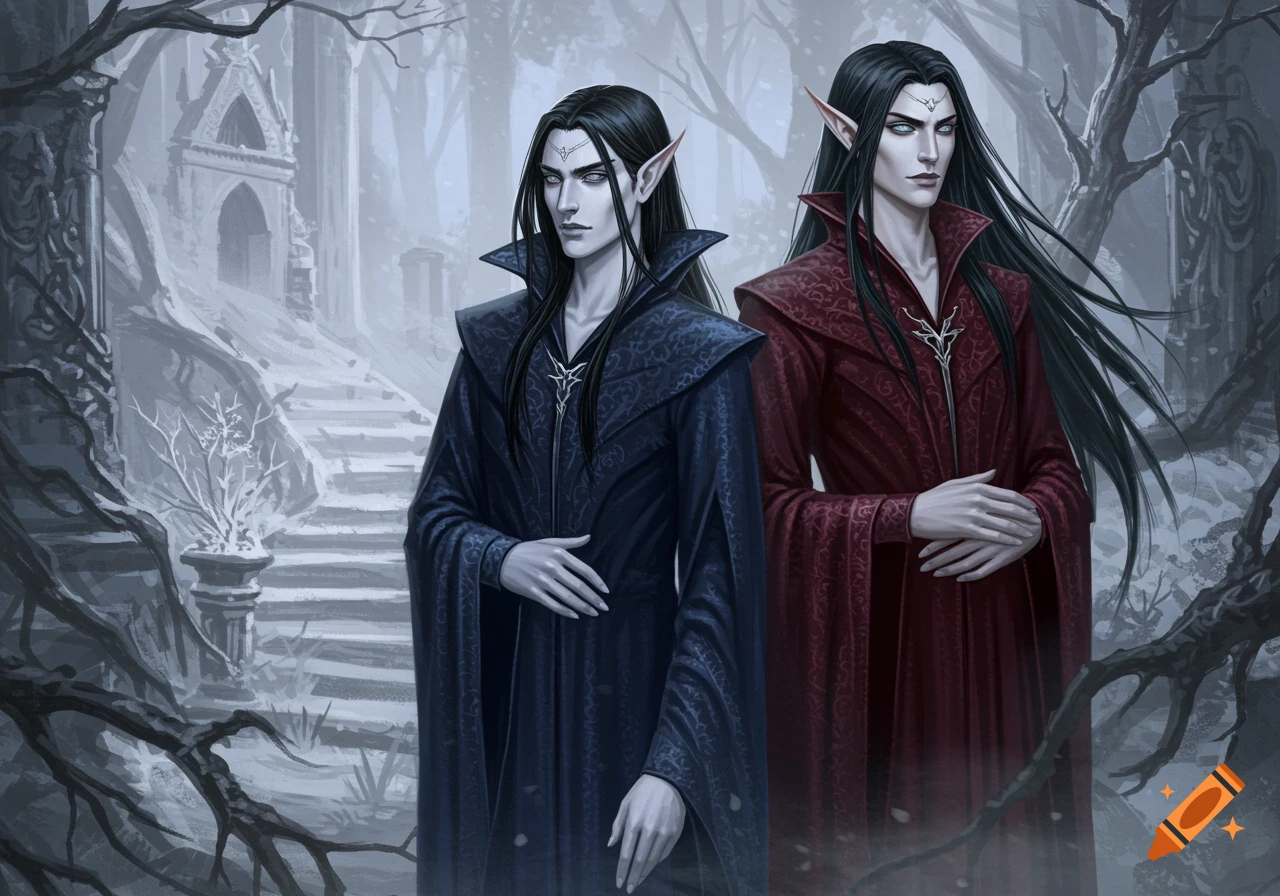 Two pale male elves with long dark hair in ornate robes stand in a gothic, snow-covered forest with ruins.