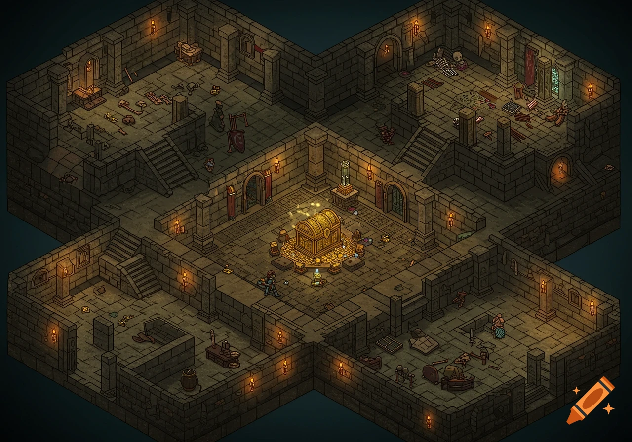 Isometric fantasy dungeon map with stone walls, multiple rooms, stairs, and a glowing treasure chest surrounded by gold coins in the center.