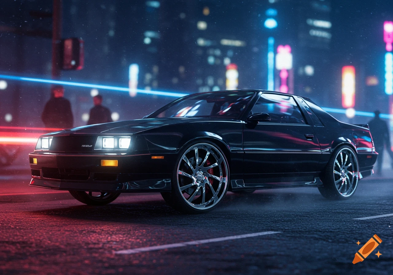 A sleek black classic car with large chrome wheels is parked on a wet city street at night, illuminated by neon lights from surrounding buildings.