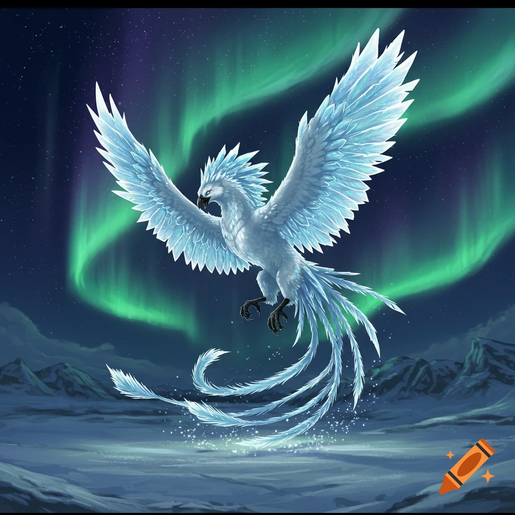 A majestic white and light blue ice phoenix with widespread wings flies over a snowy arctic landscape under a green aurora borealis.