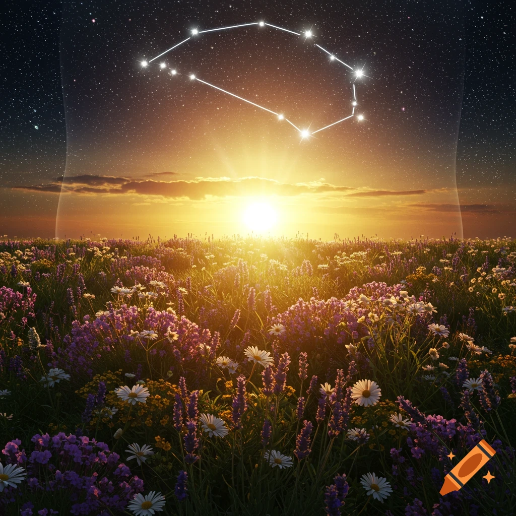 A constellation shines above a field of purple and white flowers under a sunset, enclosed within the faint outline of a human body.