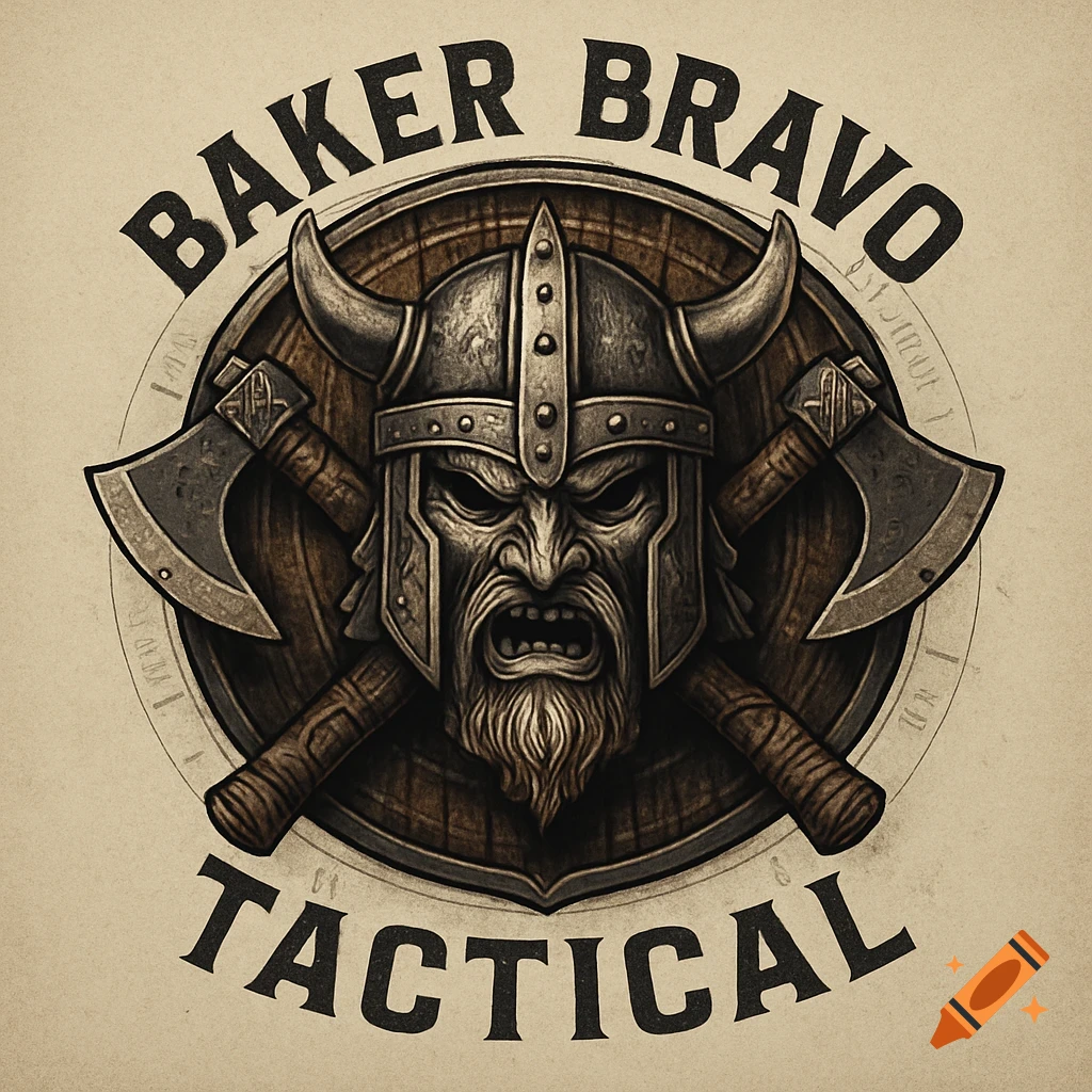 A stylized logo featuring a fierce viking head in a horned helmet, crossed axes, and the text "BAKER BRAVO TACTICAL" on a round wooden shield.