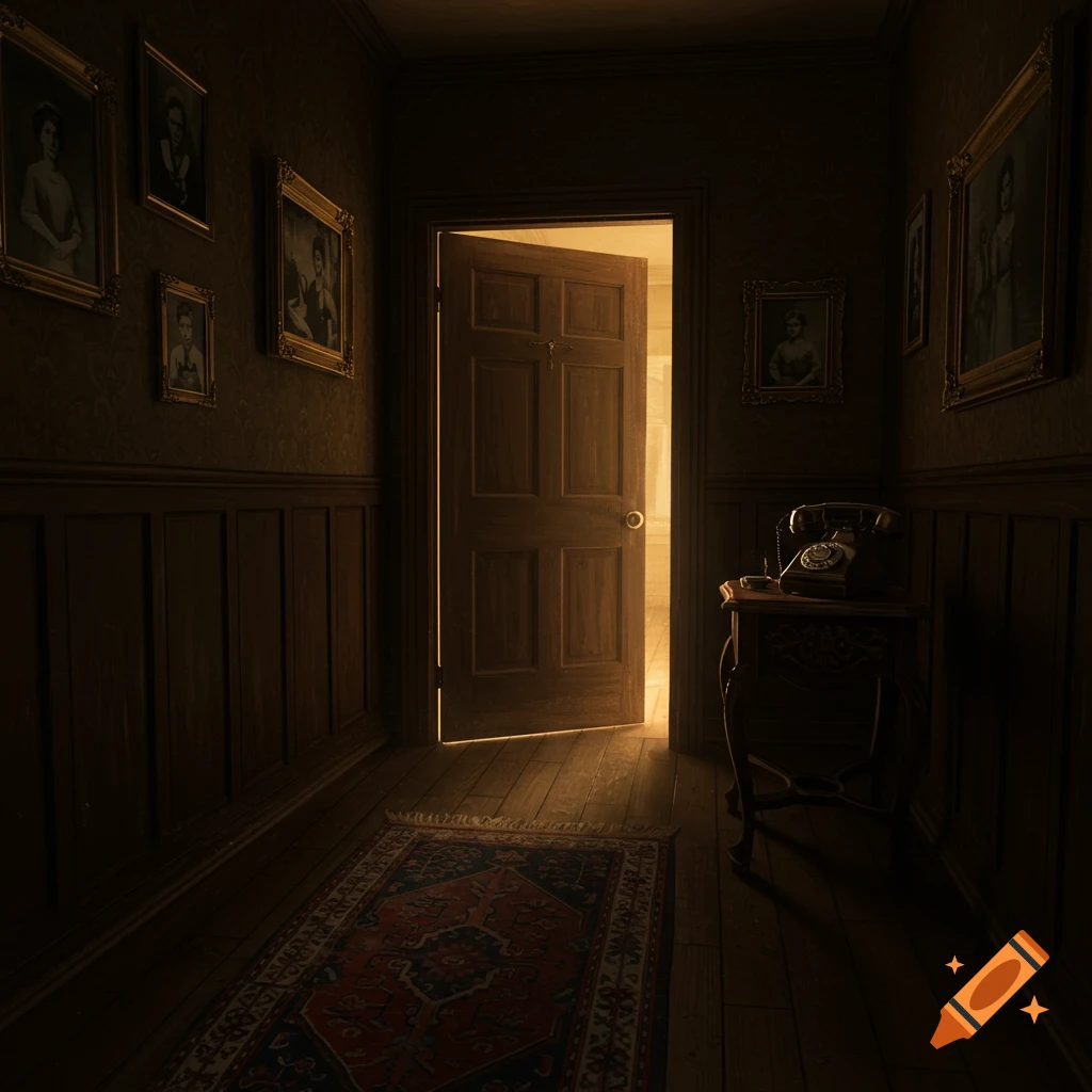 A dark, vintage house hallway with an open wooden door revealing bright light, framed portraits, and a rotary telephone on a table.