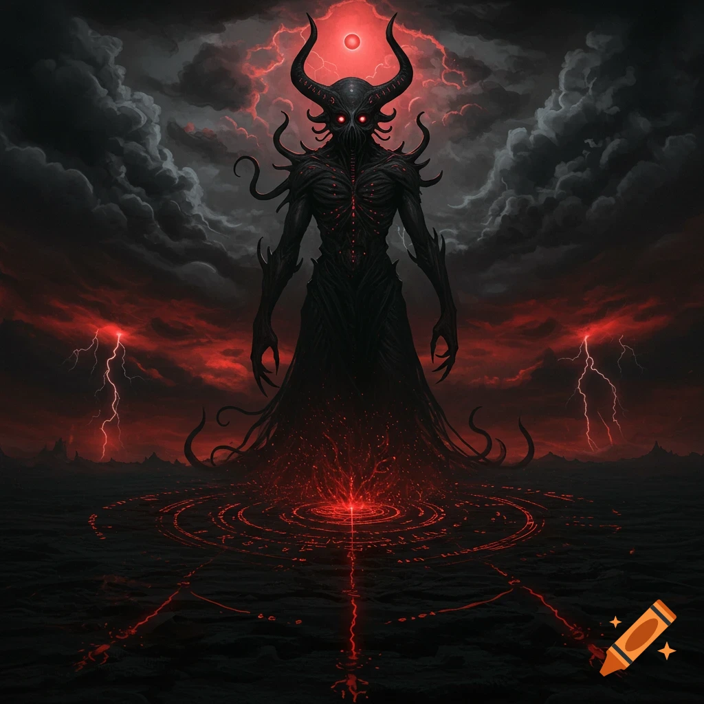 A towering, horned, black entity with glowing red eyes stands on a plain under a stormy red sky with lightning, surrounded by red arcane symbols.