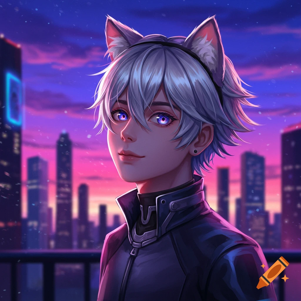 Anime character with silver hair and glowing purple eyes, wearing cat ears, stands against a neon-lit cityscape at dusk.