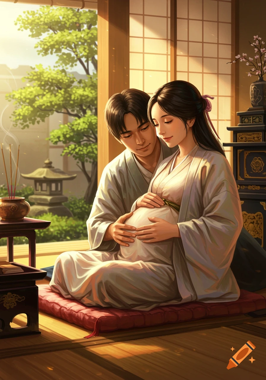 A man embraces a pregnant woman in a traditional Japanese home, bathed in sunlight from a window overlooking a garden. Digital illustration.