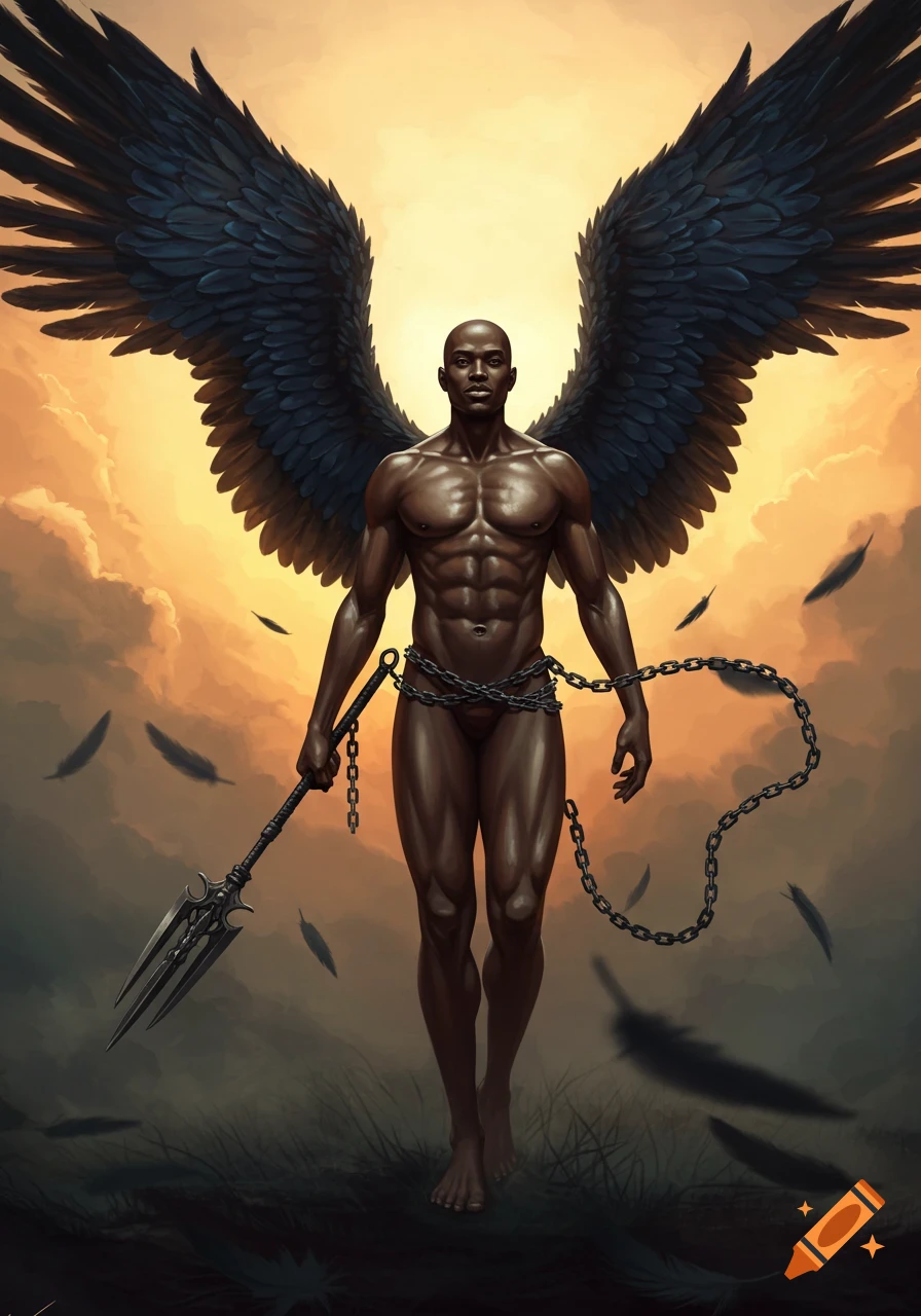 A muscular bald Black man with large black wings stands holding a chain spear against an orange sky with falling feathers, digital painting.