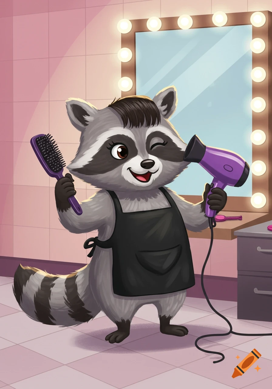 A cute cartoon raccoon hairstylist winks while holding a purple hairbrush and blow dryer in a salon.