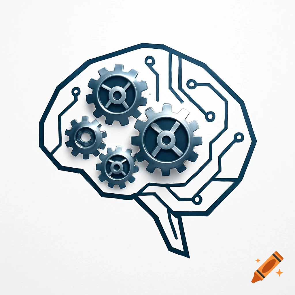 A stylized outline of a human brain with four interlocking gears inside, symbolizing intelligence or AI.