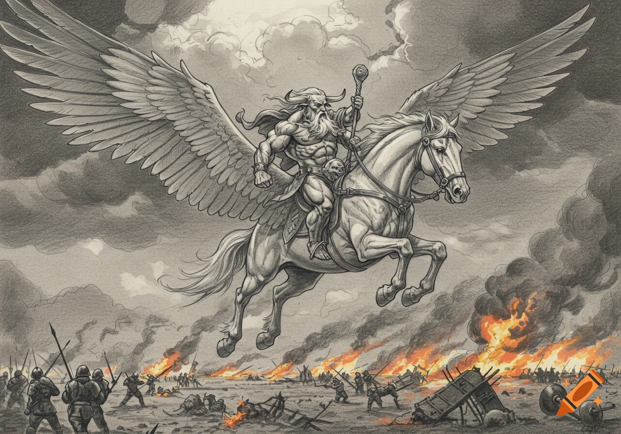 A powerful, muscular, horned figure with a beard rides a winged pegasus over a burning battlefield in a detailed pencil sketch.