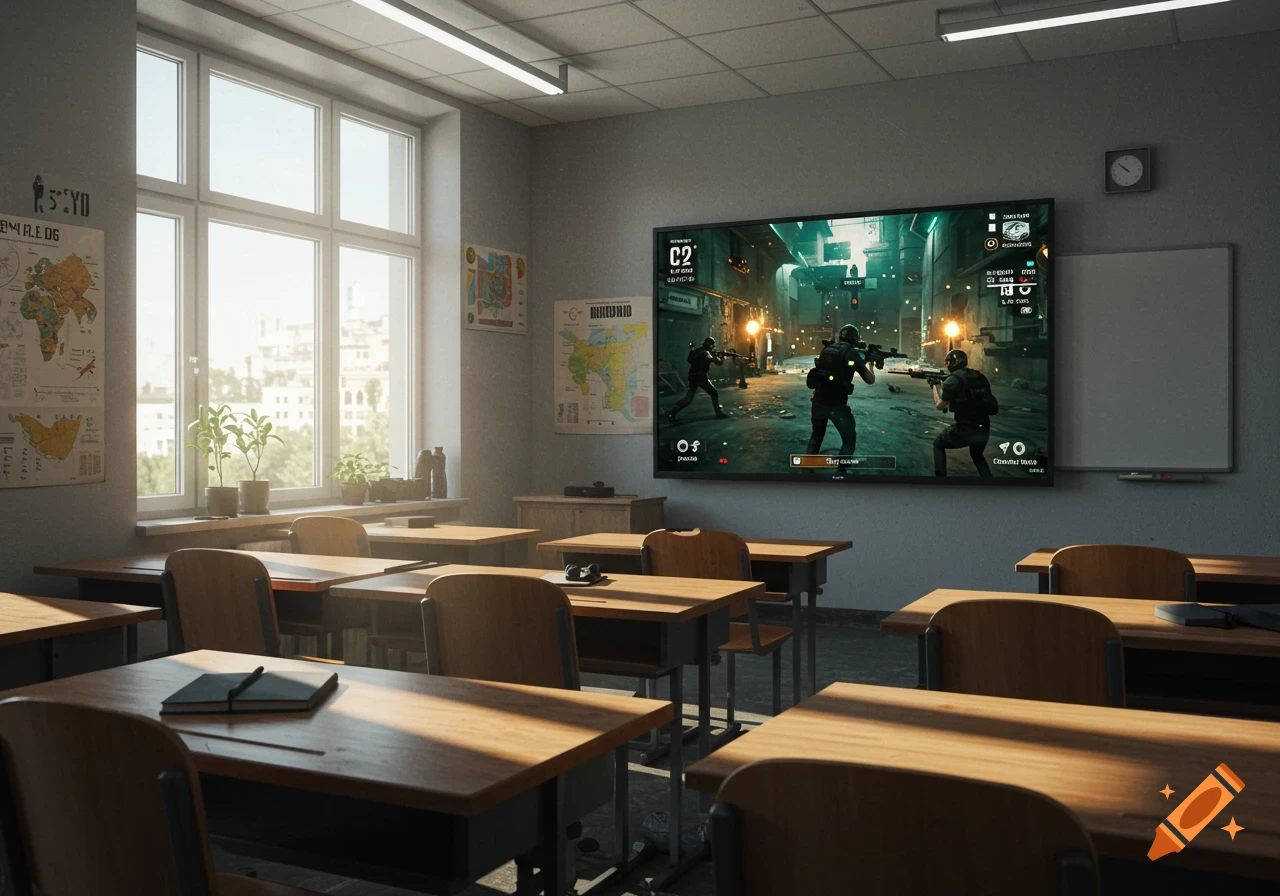 A classroom with empty desks and a large TV screen at the front displaying an action-packed video game scene with soldiers.