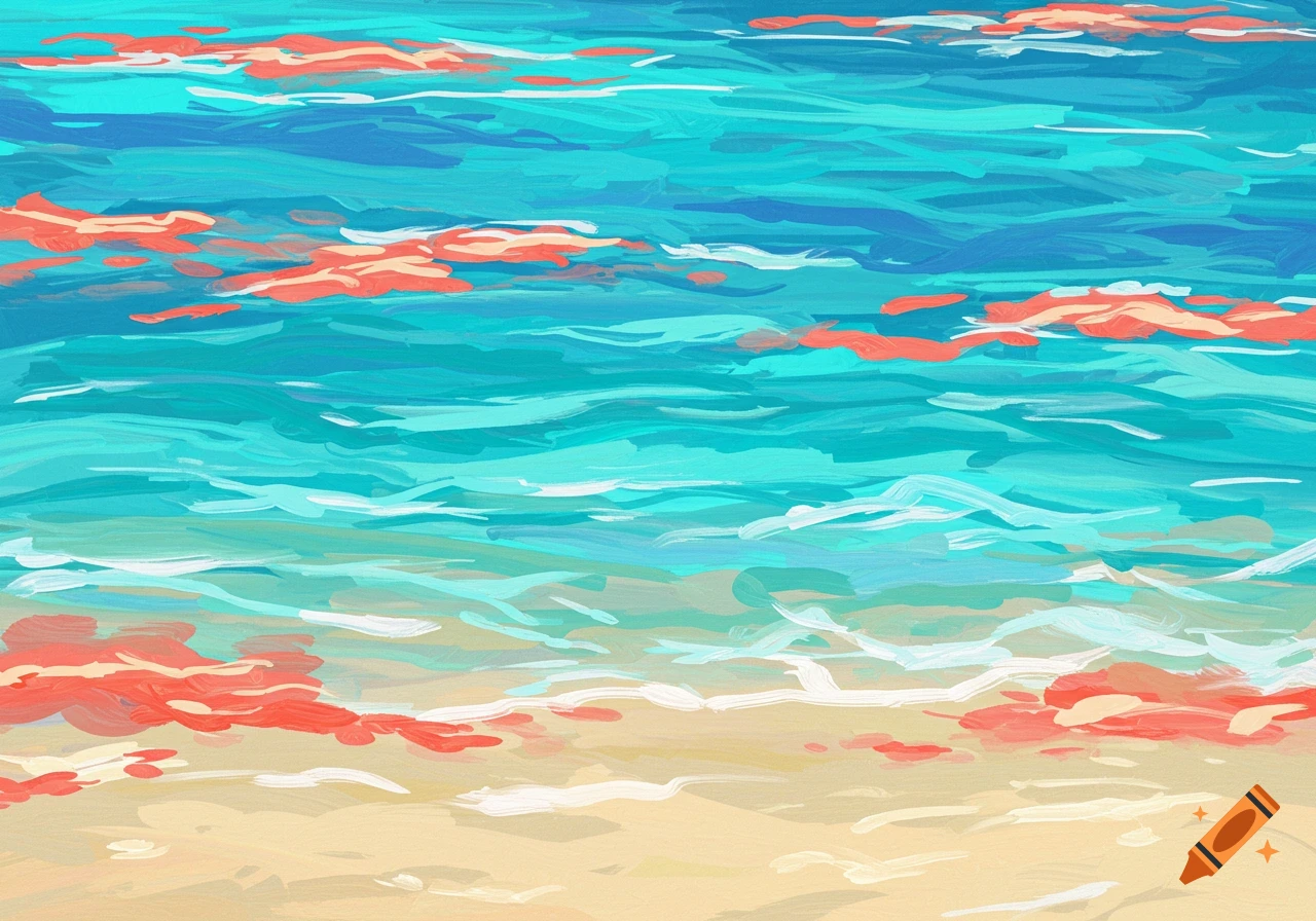 Abstract painting with swirling blue and turquoise ocean colors meeting a sandy beach, accented with coral strokes.