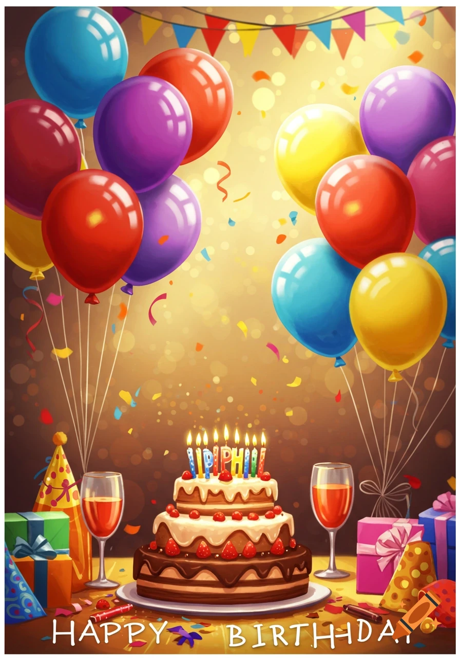 A vibrant birthday scene with colorful balloons, confetti, a three-tiered chocolate cake with lit candles, two glasses of red liquid, and wrapped presents.