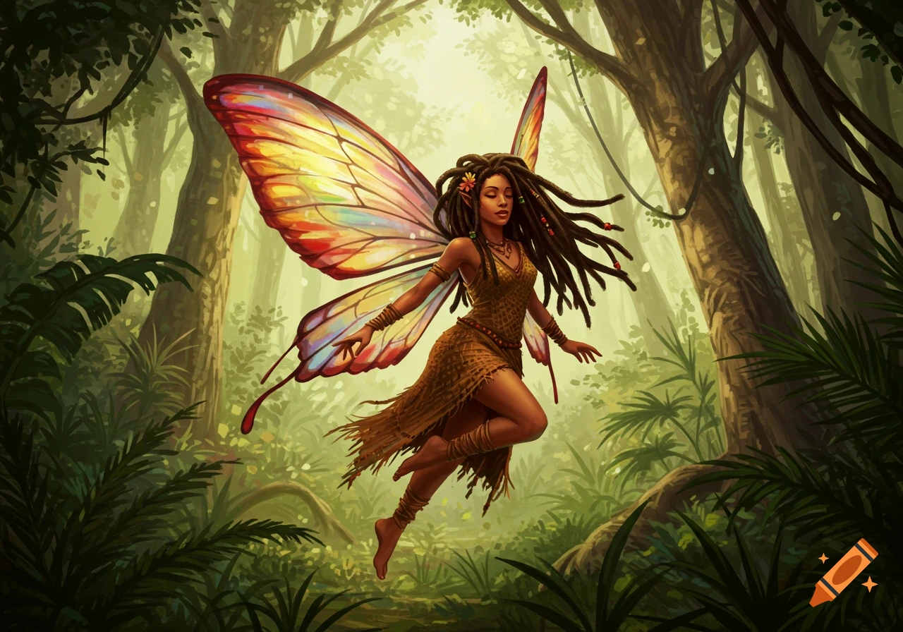 A Rastafarian fairy with colorful wings and dreadlocks floats in a lush jungle.