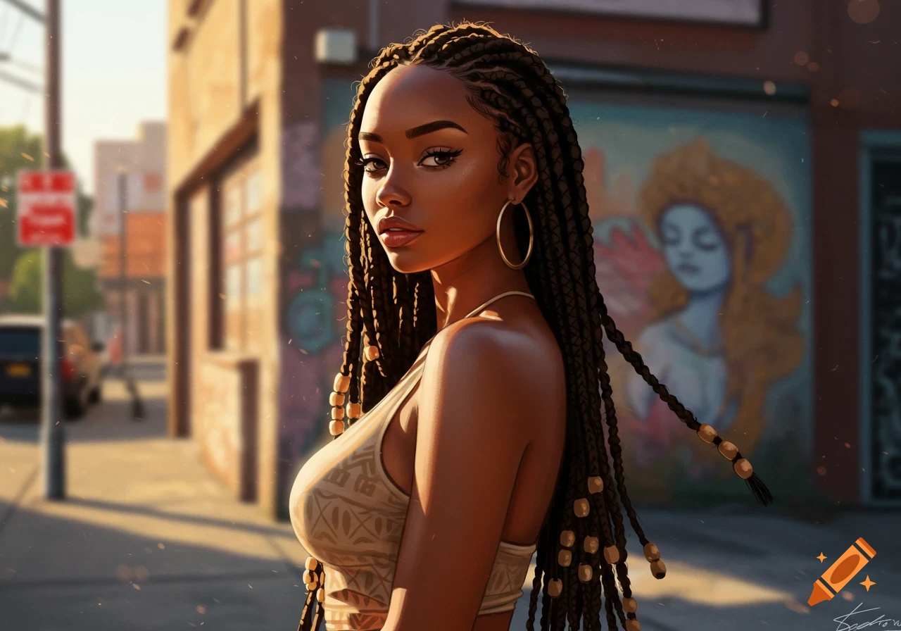 A stylized portrait of a woman with braided hair and hoop earrings, looking over her shoulder on an urban street with a mural in the background, lit by warm sunlight.