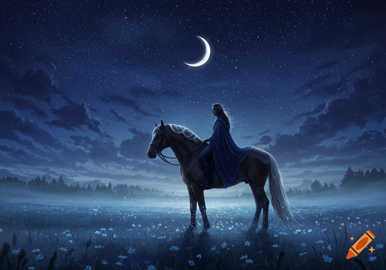 A lone figure on horseback beneath a crescent moon in a field of flowers under a starry night sky, digital painting.