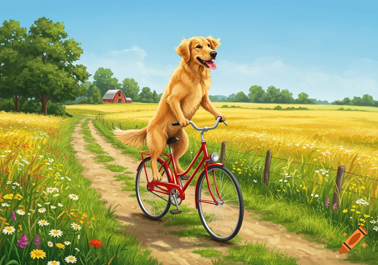 An illustrated golden retriever dog happily riding a red bicycle on a dirt path through a sunny yellow and green field with a red barn in the background.