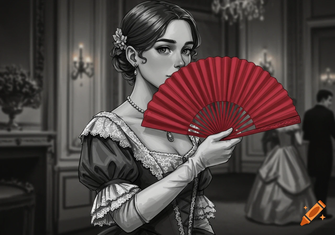 Black and white portrait of a young 19th-century lady holding a red fan partially covering her face.