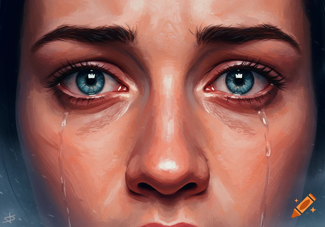 Close-up digital painting of a person's tearful eyes and nose, depicting sadness.