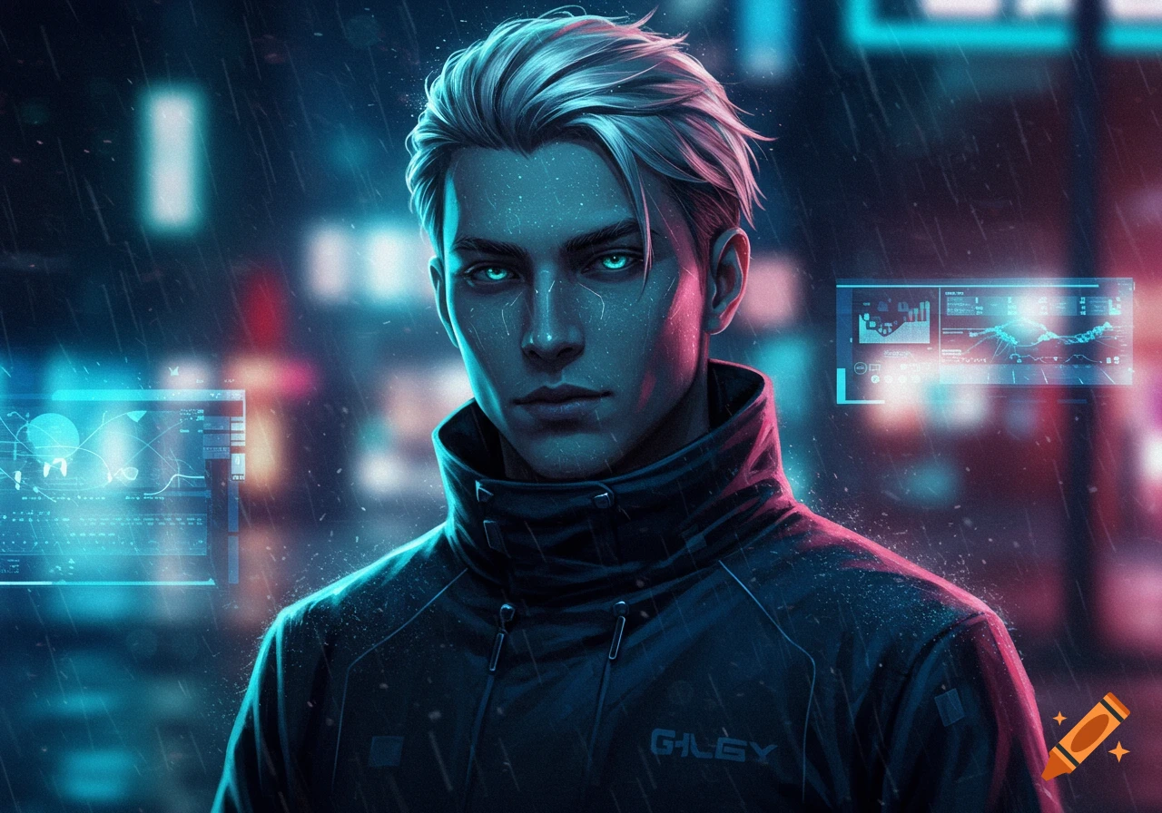 Close-up of a young man with glowing blue eyes and silver hair, wearing a dark jacket, standing in a rainy cyberpunk city with neon lights.