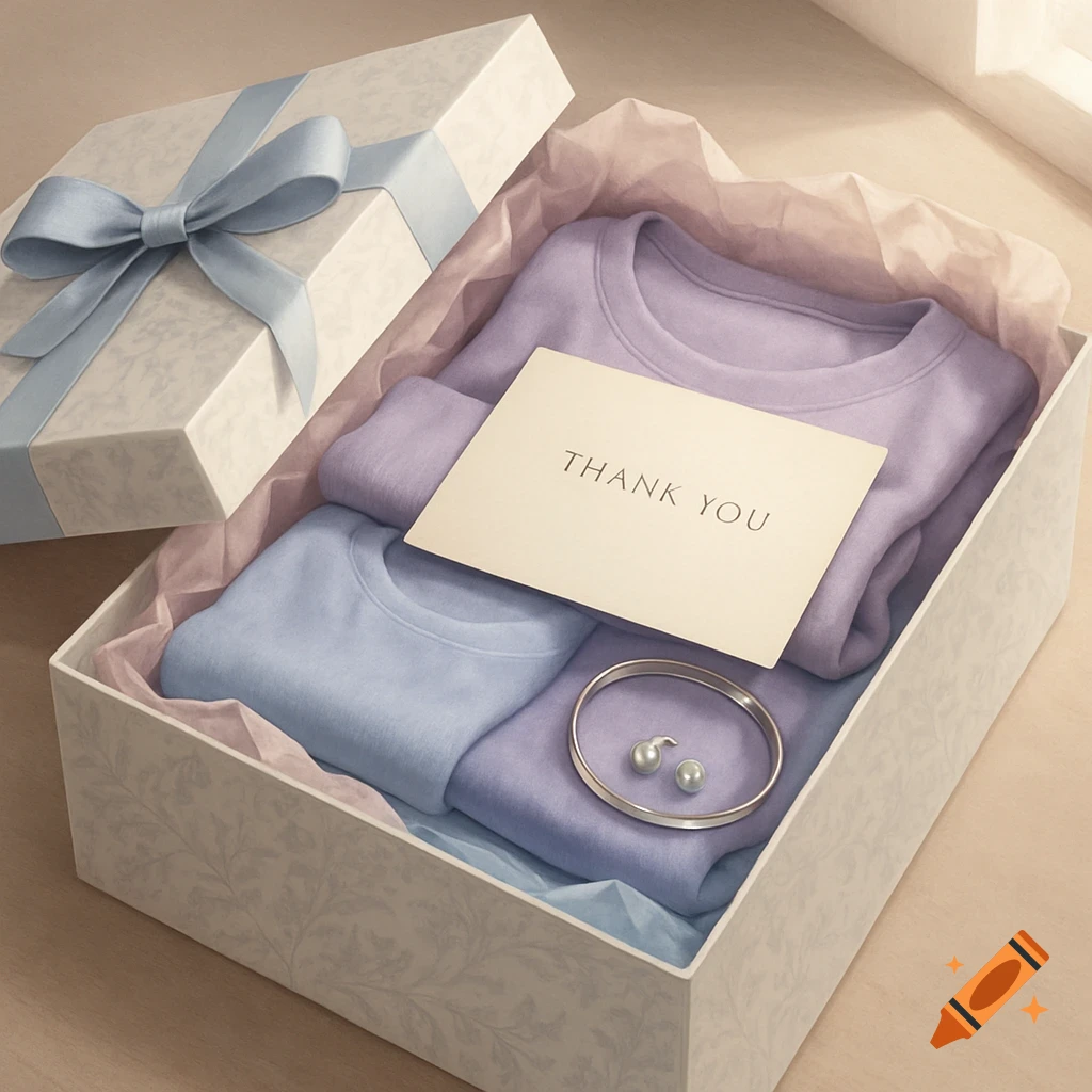 An open gift box containing folded pastel-colored clothes, a silver bracelet, pearl earrings, and a 'THANK YOU' card, with a light blue bow on the lid.