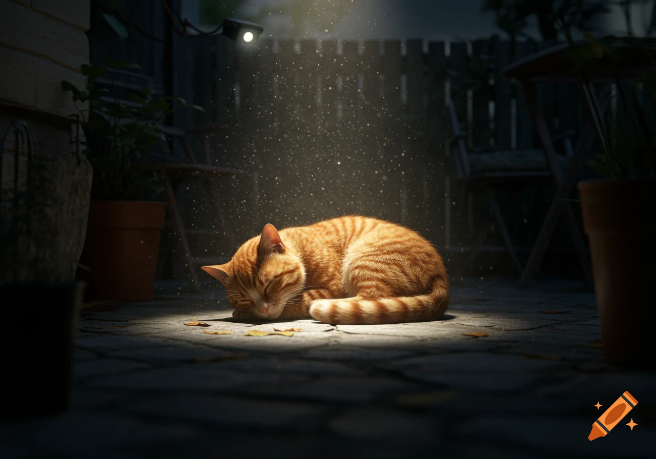 A sleeping orange tabby cat curled up on a concrete patio at night, illuminated by a spotlight.
