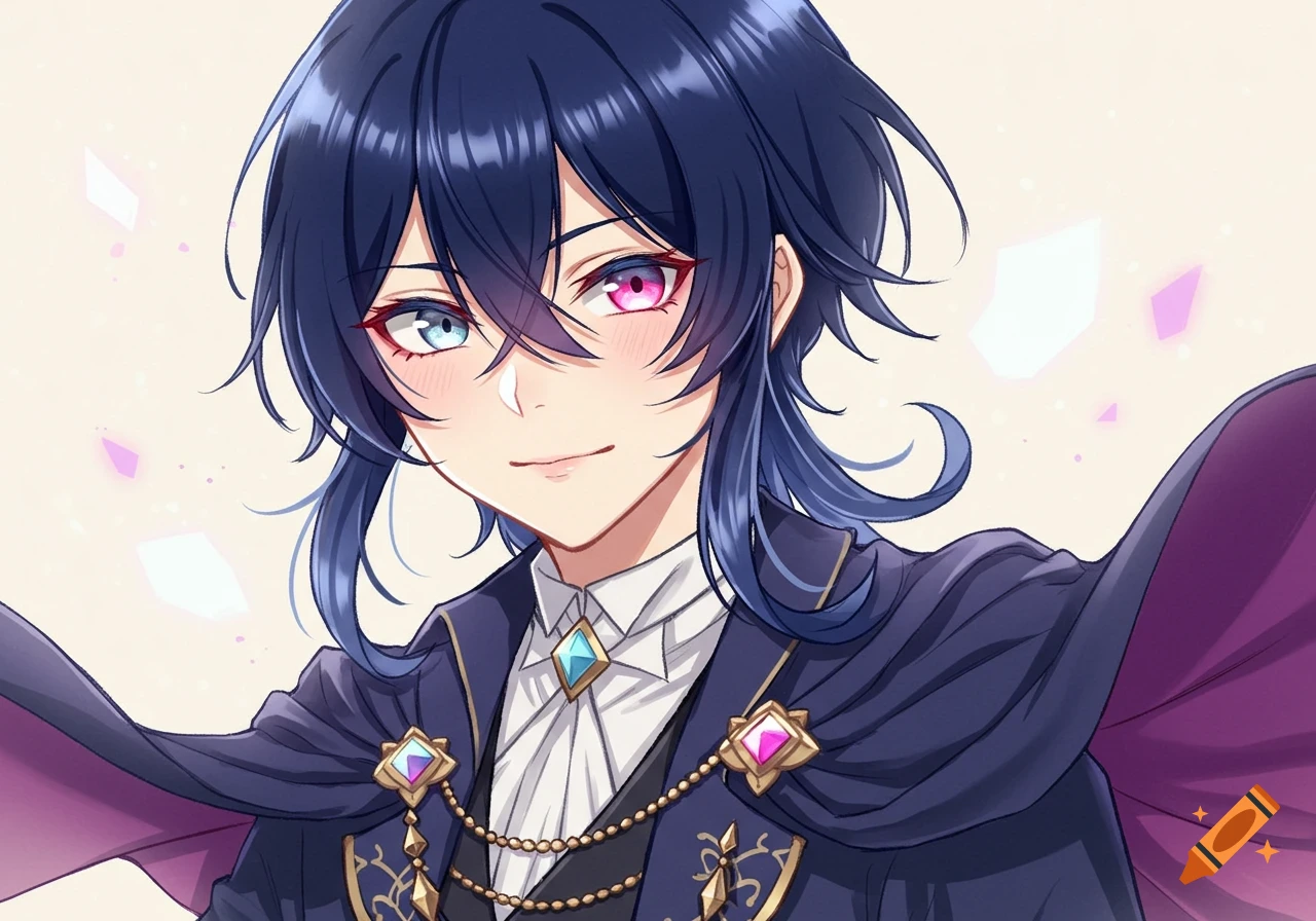An anime-style young man with navy blue hair and heterochromatic eyes (one light blue, one pink) wearing a dark magician's outfit with decorative jewels and chains.