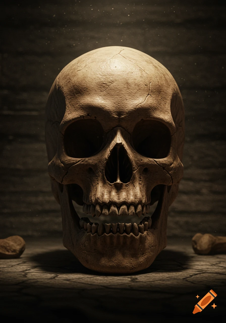 A detailed, realistic human skull with cracks, dimly lit against a dark background, with small bone fragments nearby.