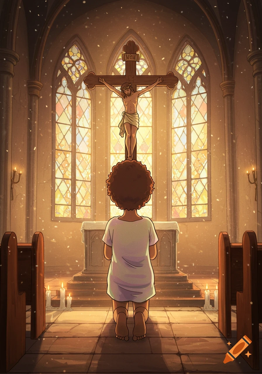 A brown boy with curly hair kneels in a church, praying before a crucifix with stained glass windows in the background, in a Studio Ghibli style illustration.