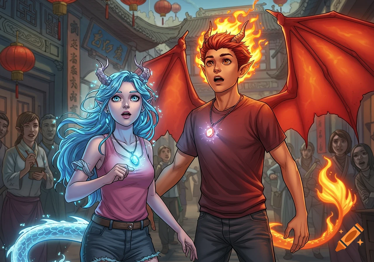A blue-haired girl with horns and a glowing dragon tail next to a red-haired boy with fire horns and red wings, both wearing glowing necklaces, look surprised in a busy street in China. Comic book style.