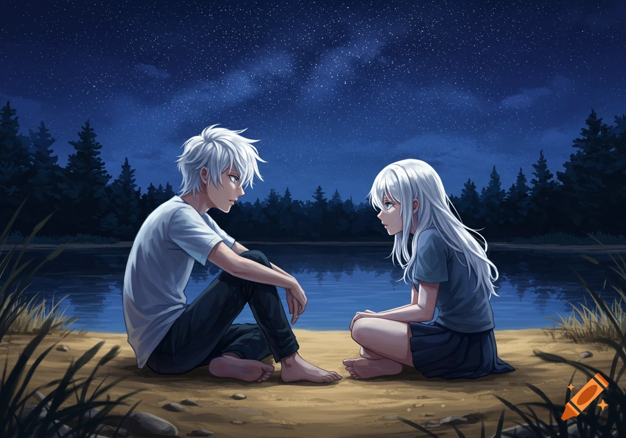 An anime boy and girl with silver hair sit on a sandy shore by a lake at night under a starry sky.