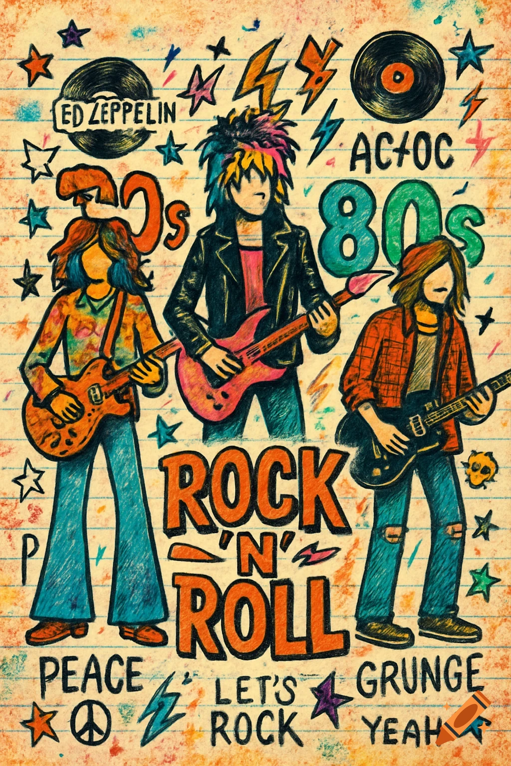 A retro-style poster resembling notebook paper with rock and roll doodles. It features three cartoon musicians representing the 70s, 80s, and 90s, with text "ROCK 'N' ROLL" prominently displayed. Other doodles include lightning bolts, stars, records, and text like "PEACE", "LET'S ROCK", and "GRUNGE".