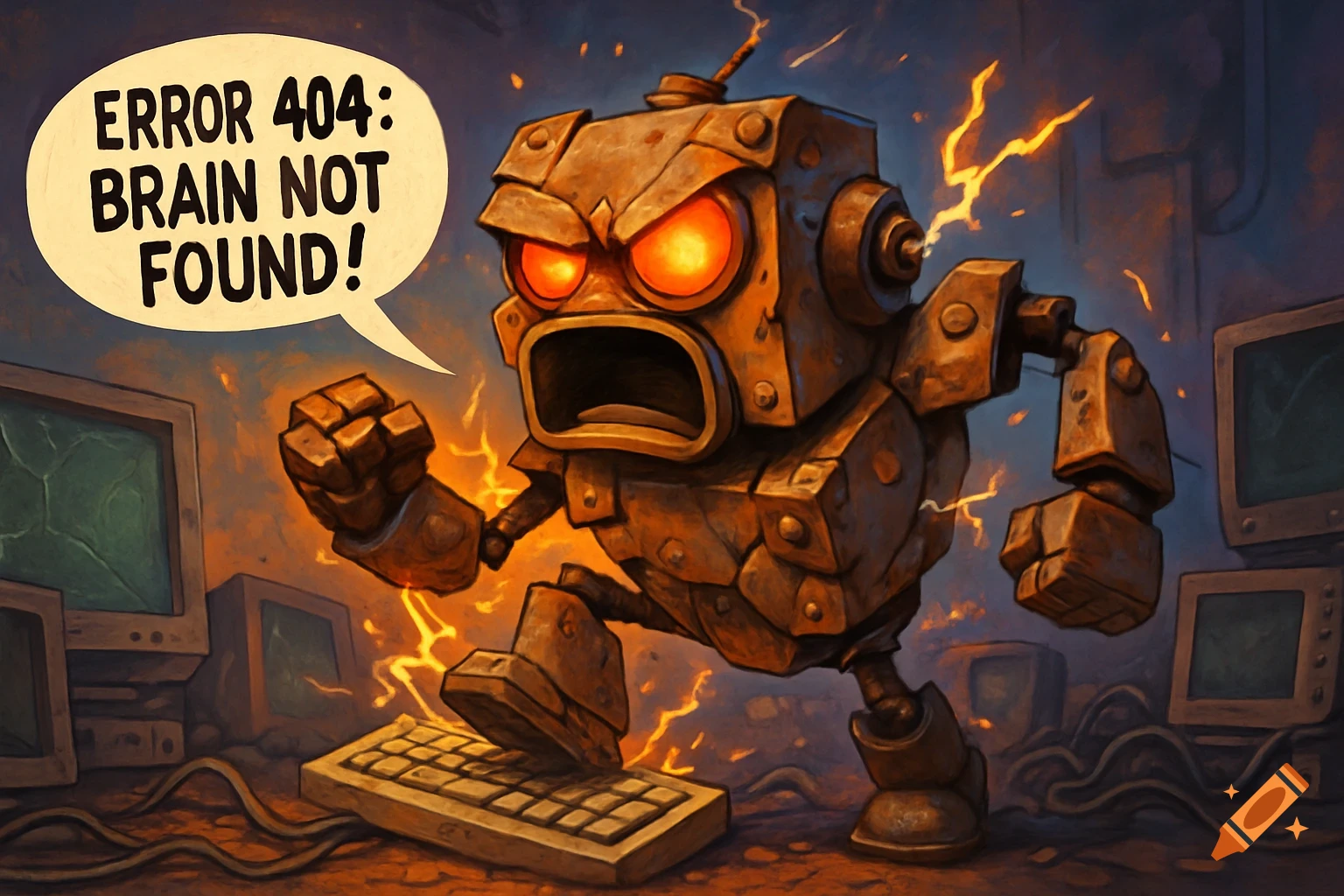 A grumpy steampunk robot stomps a keyboard in a messy hacker den, a speech bubble reads 'ERROR 404: BRAIN NOT FOUND!' in this cartoon illustration.