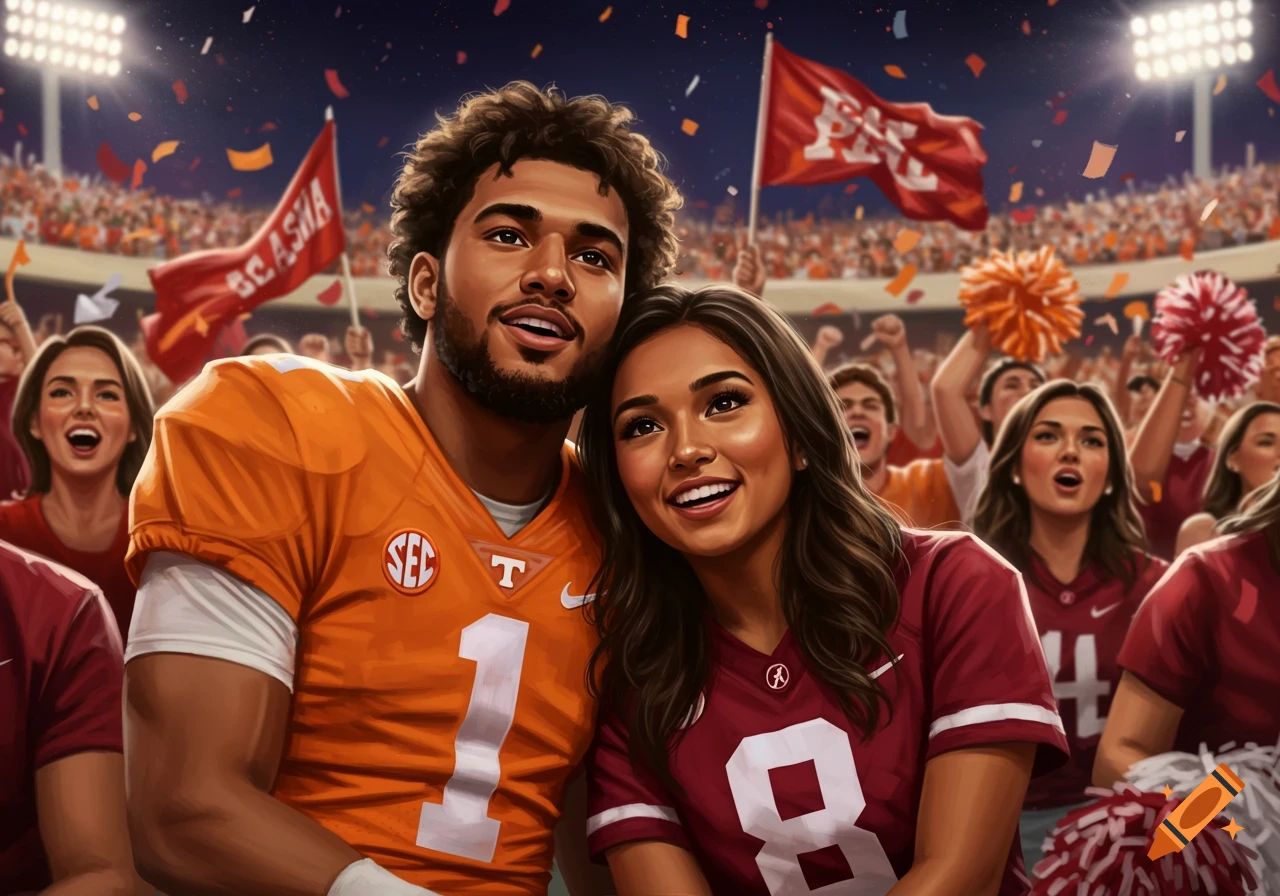 A couple, a male Tennessee Volunteers fan in an orange jersey and a female Alabama Crimson Tide fan in a maroon jersey, smiling in a crowded football stadium.