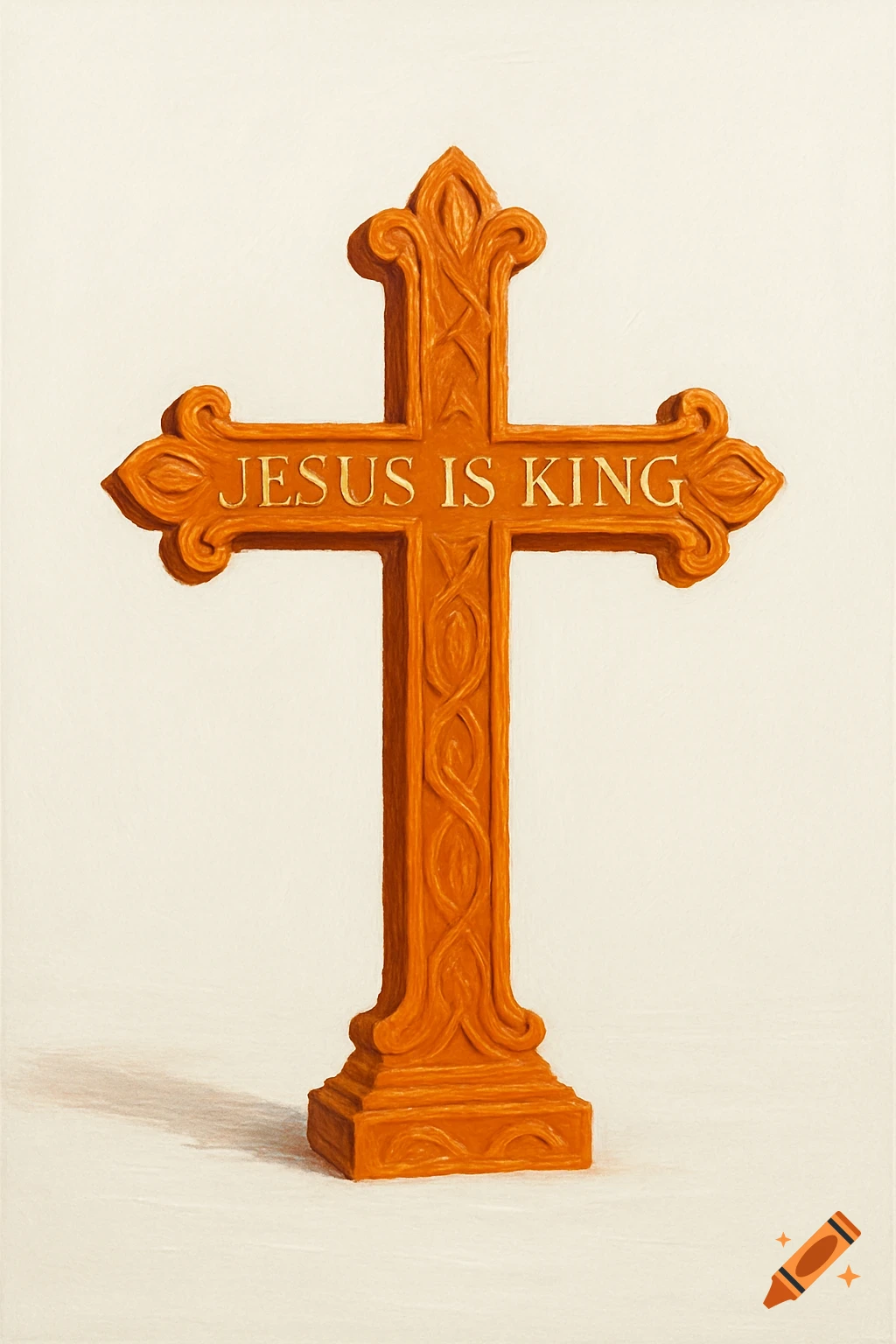 An orange religious cross with intricate carvings stands against a plain white background. The words 'JESUS IS KING' are inscribed on the horizontal bar.
