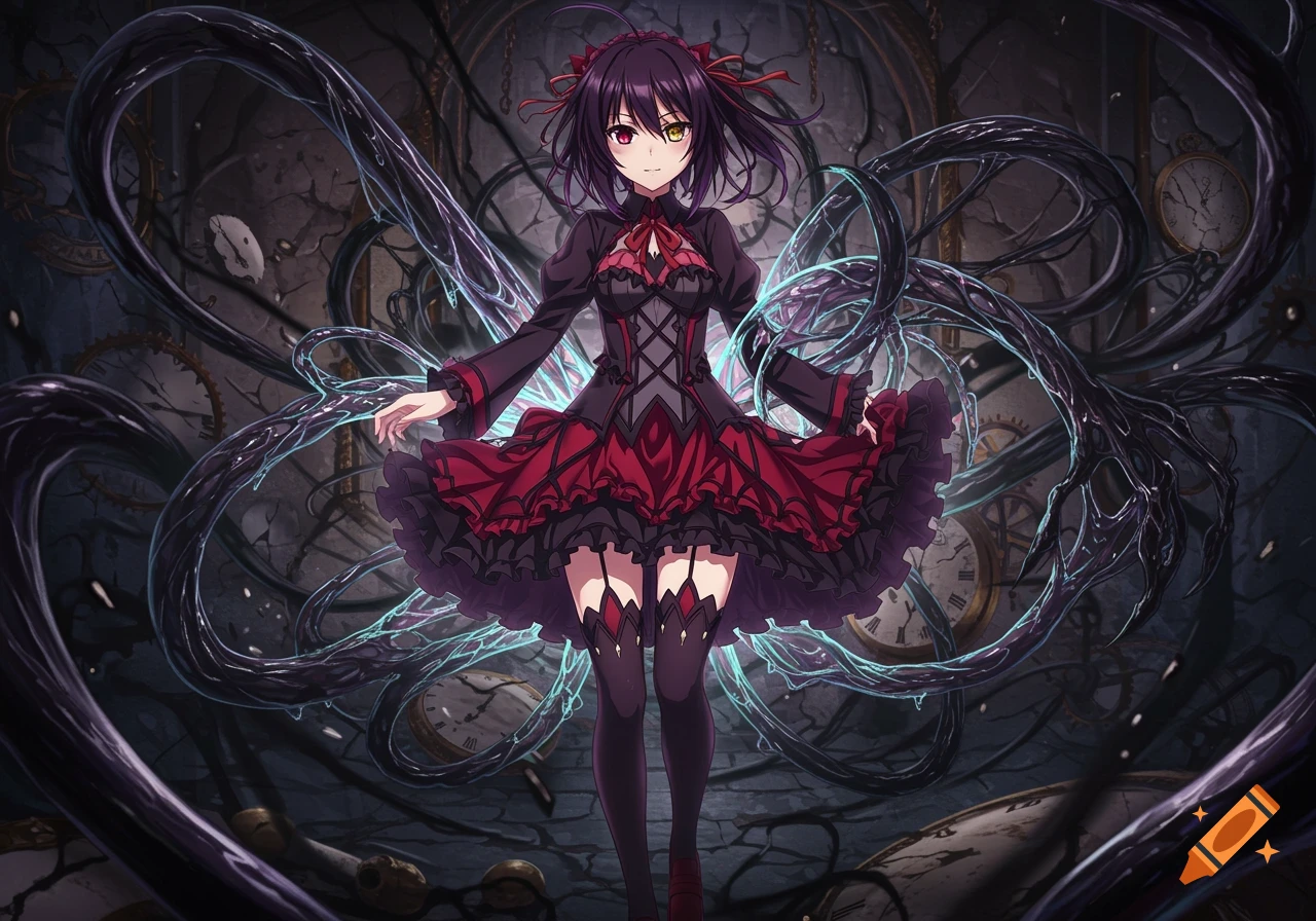 A full-body anime girl with dark hair and heterochromia in a black and red gothic dress, surrounded by dark swirling tendrils in a ruined clockwork background.