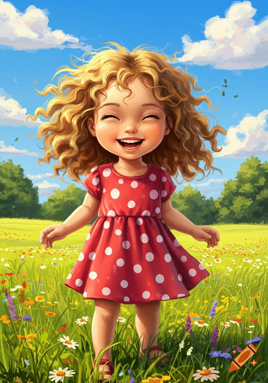 A happy, curly-haired girl in a red polka-dot dress laughs in a vibrant wildflower field under a blue sky.