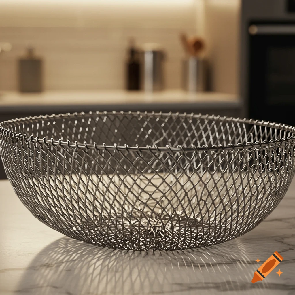 A close-up, photorealistic image of a metallic steel mesh fruit basket on a marble countertop in a kitchen.