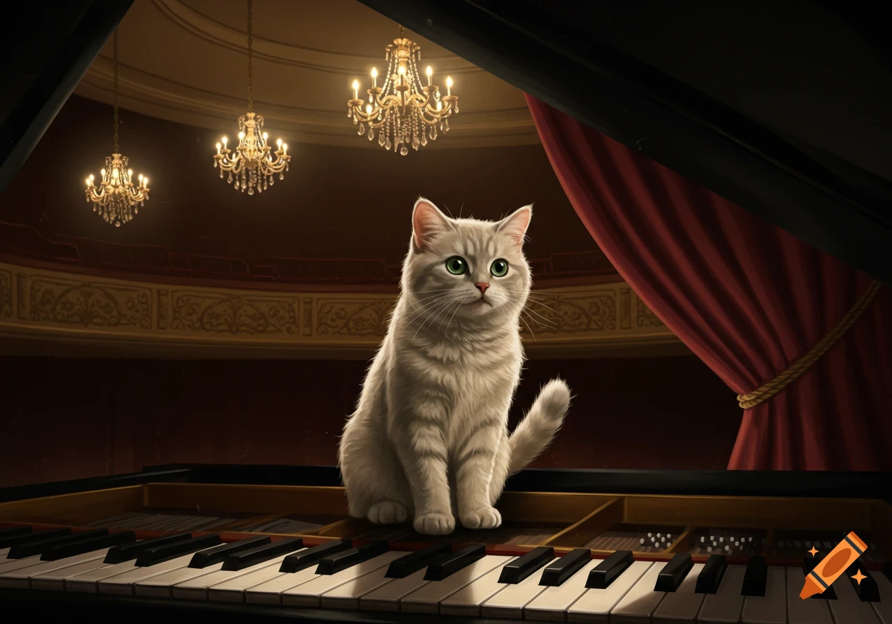 A grey cat sits on the white and black keys of a grand piano in an elegant hall with chandeliers.
