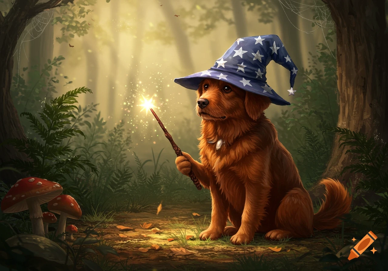 A brown dog wearing a blue wizard hat with stars holds a glowing magic wand in a fantastical forest.