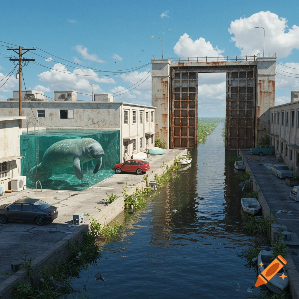 A surreal photorealistic urban landscape with a manatee in a glass rooftop pool overlooking a canal with buildings, cars, boats, and a large flood gate.