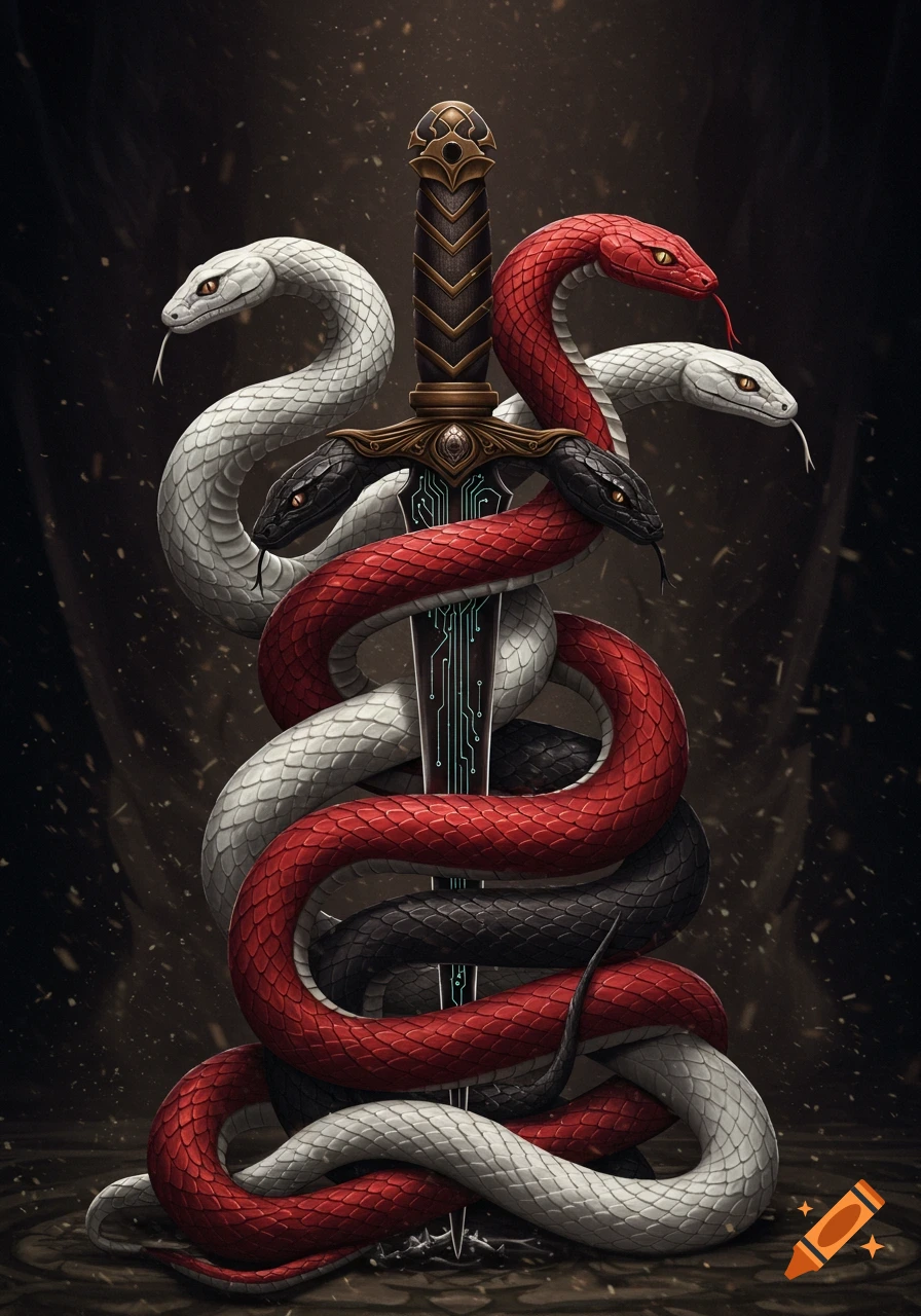 Three red, white, and black serpents coiled around a dagger with glowing circuit patterns on its blade against a dark background.
