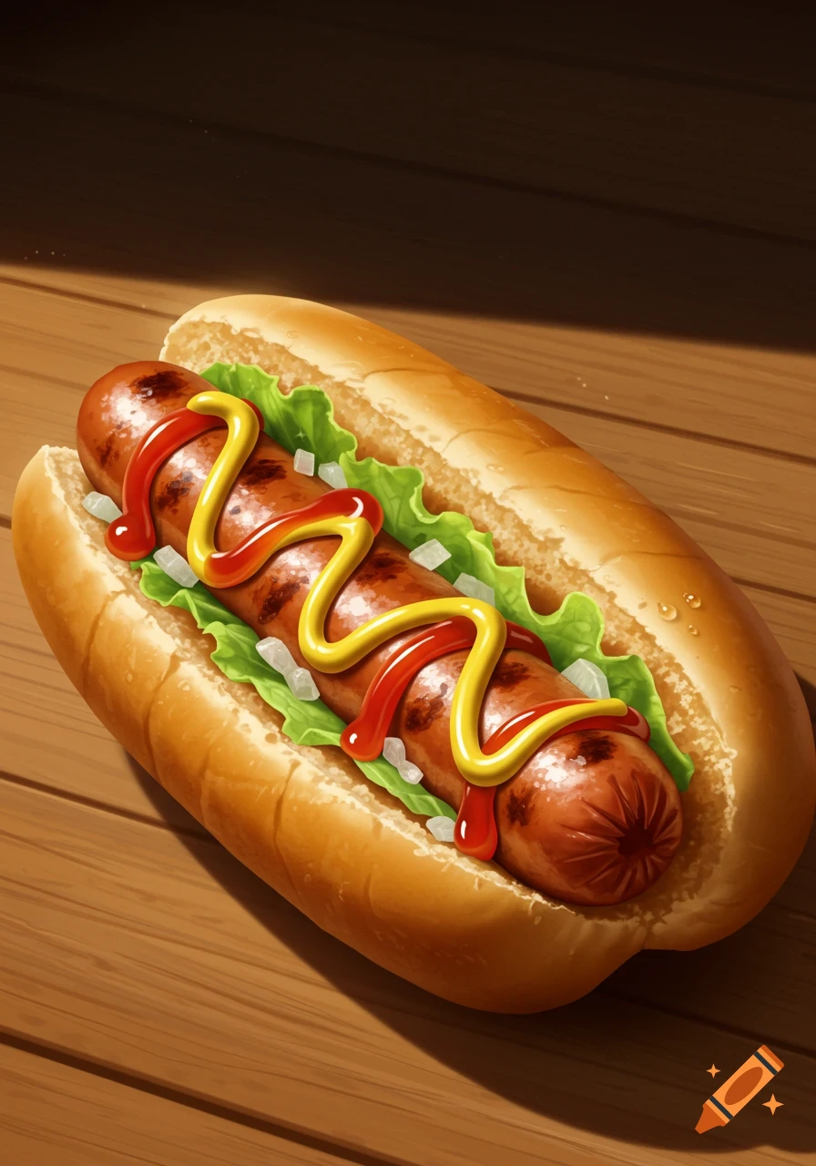 A grilled hot dog in a bun with ketchup, mustard, lettuce, and onions, sitting on a wooden table, in a digital illustration.