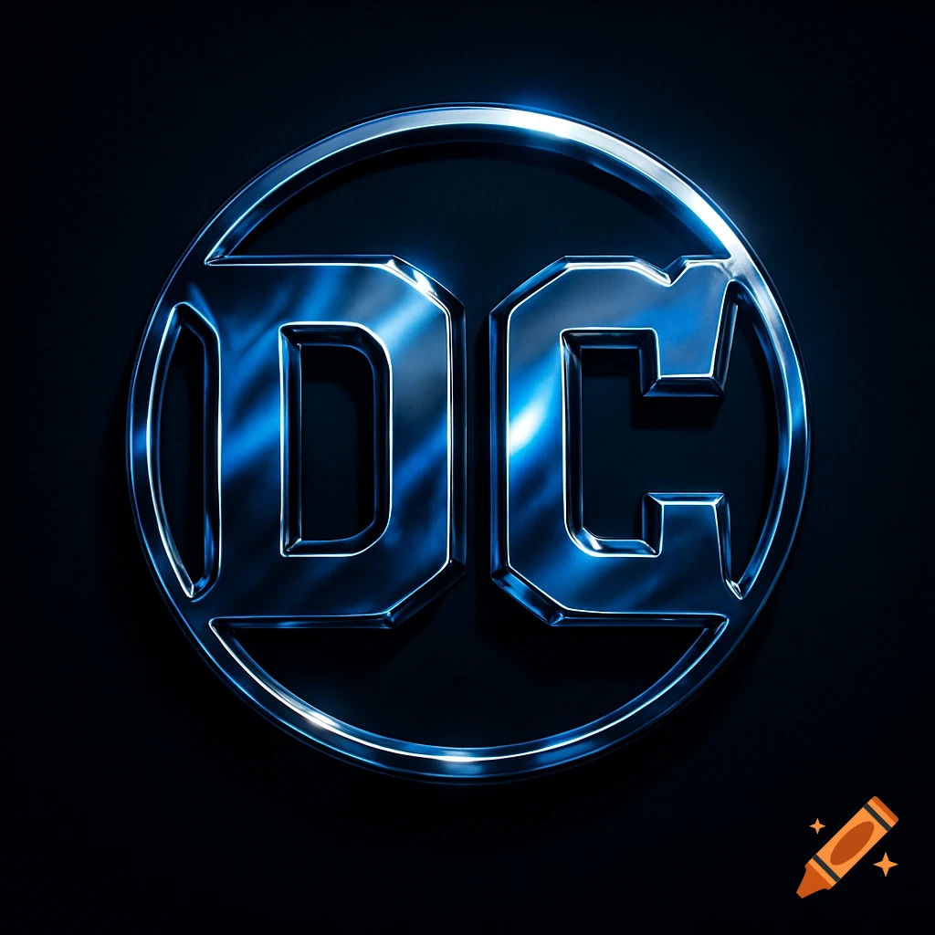 A shiny blue metallic DC logo on a dark background.