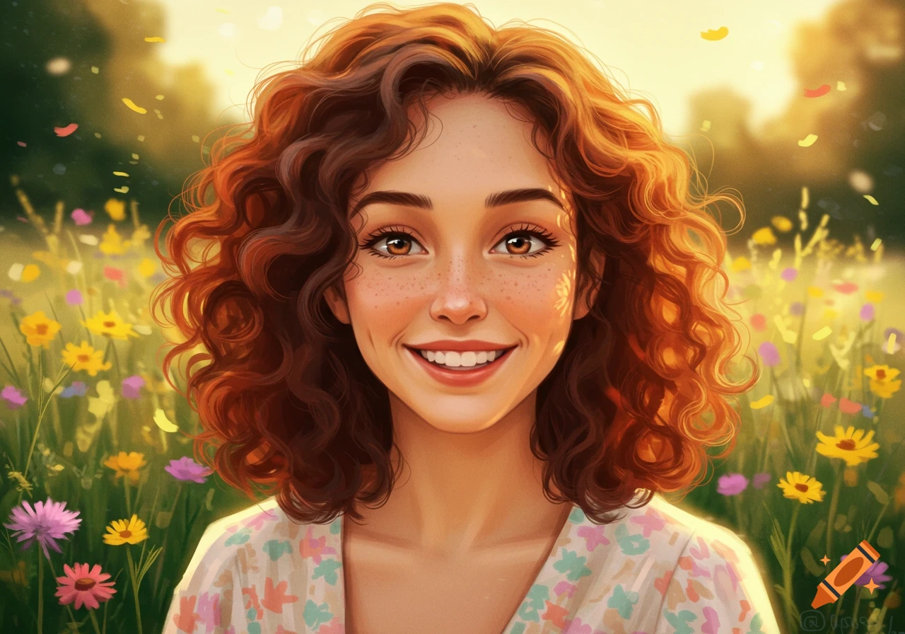 A smiling young woman with curly reddish-brown hair and freckles in a sunny field of colorful wildflowers, digital art.