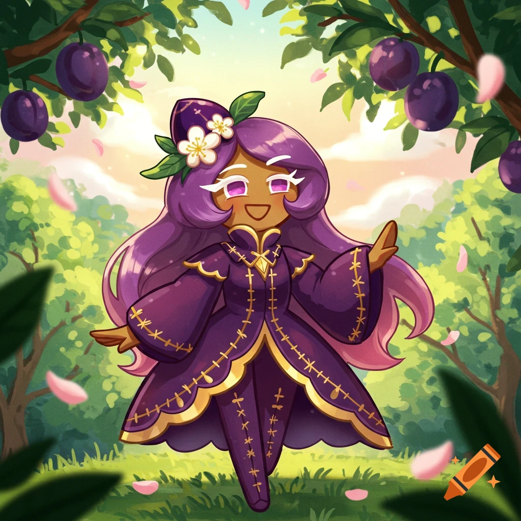 A happy, brown-skinned cartoon character with long purple hair and a plum-themed dress stands in a lush garden with plum trees.