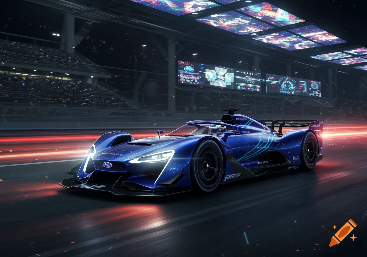 A blue, futuristic F1-style race car with glowing lights on a dark race track, featuring red light trails and digital screens in the background.