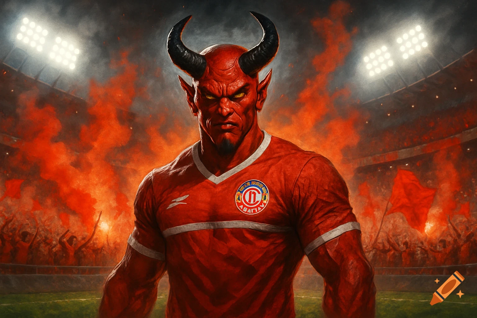 A red devil with large horns and yellow eyes wears a red soccer jersey in a smoky stadium, with cheering fans and bright lights in the background.