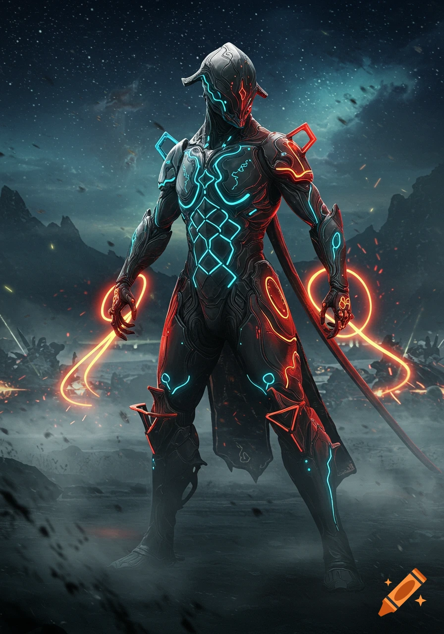 A dark futuristic armored figure, reminiscent of a Warframe, with glowing blue and orange lines, stands in a desolate landscape with orange energy whips.